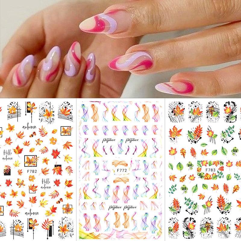 Flowers Leaves Line 3D Nail Stickers Autumn Winter Fall Leaf Design Transfer Sliders Abstract Waves Nail Art Decals Manicures  Decal Self-Adhesive 3D Wave Design Decoration for Women Girls Tape Nail Art Stickers Decal Decoration Stevvex