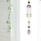 Metallic Hoop Moon Sun Catcher Hanging Crystal Pendant Chandelier Lamps Light Crystals Glass Pendants Light Rainbow Maker Wind Chime Hanging Drop Gift of Good Luck Garden Decor Hanging Ornament For Home Decoration
