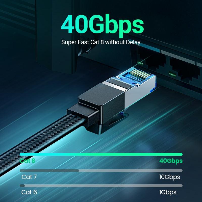 Elegant Black Ethernet Cable CAT8 40Gbps 2000MHz CAT 8 Networking Nylon Braided Internet LAN Network Cable With Gold Silver Plated RJ45 Connector Cord For Router TV Stevvex