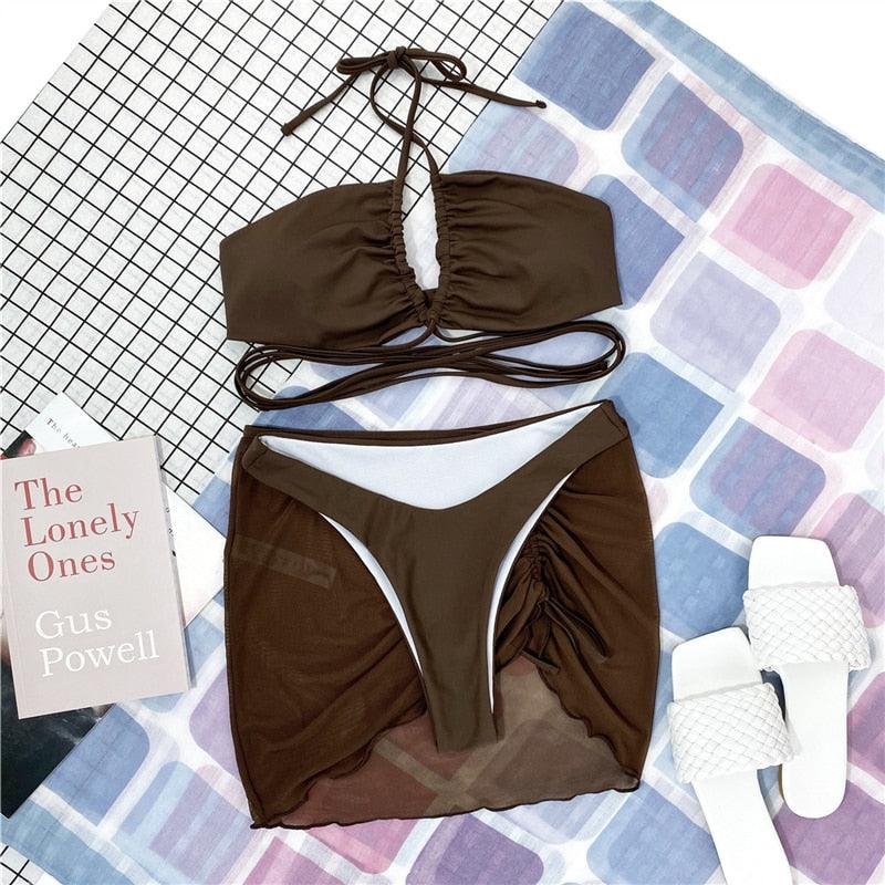 Halter Hollow Cross Bikinis Set Swimsuit Women's New Solid Two-Piece Swimwear Two Piece Swimsuit Halter Crisscross Cut Out Bikini Wrap Top with High Waist  Bottom Beach Swimwear Summer Beachwear Woman Bath Bathing Suit Stevvex