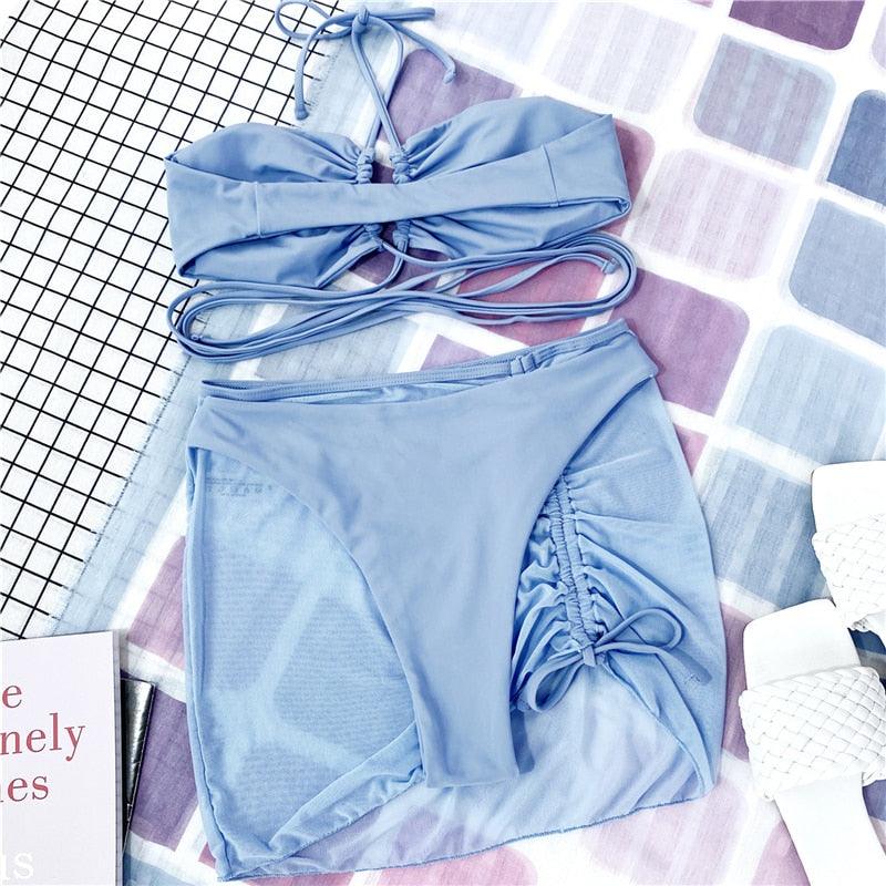 Halter Hollow Cross Bikinis Set Swimsuit Women's New Solid Two-Piece Swimwear Two Piece Swimsuit Halter Crisscross Cut Out Bikini Wrap Top with High Waist  Bottom Beach Swimwear Summer Beachwear Woman Bath Bathing Suit Stevvex
