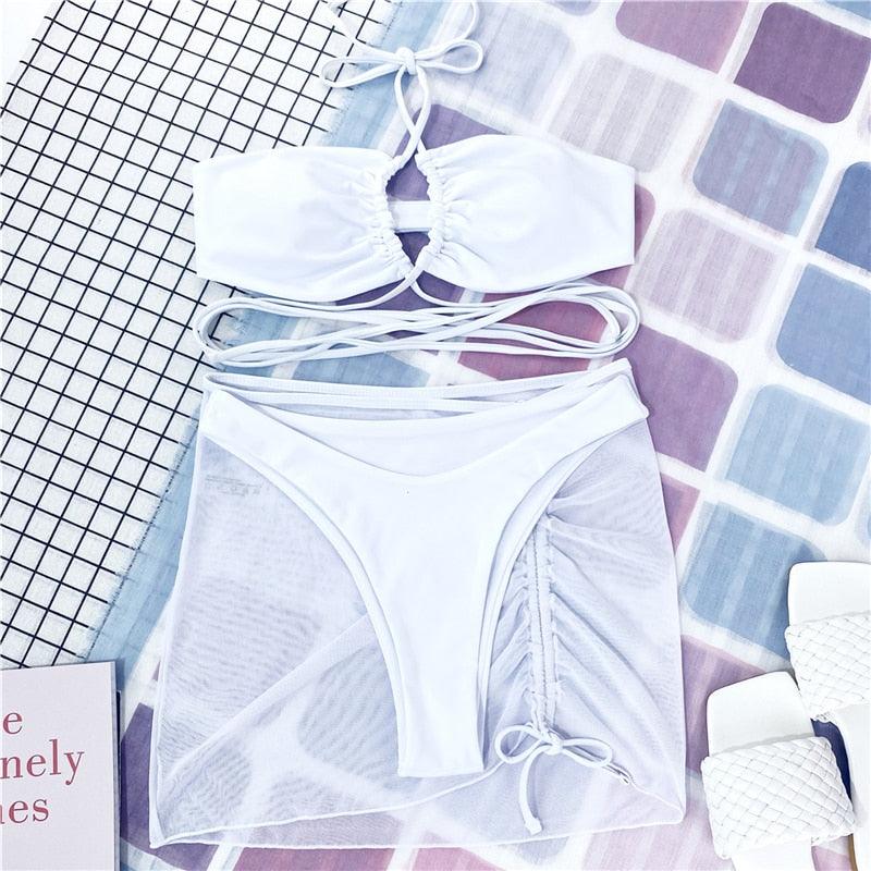 Halter Hollow Cross Bikinis Set Swimsuit Women's New Solid Two-Piece Swimwear Two Piece Swimsuit Halter Crisscross Cut Out Bikini Wrap Top with High Waist  Bottom Beach Swimwear Summer Beachwear Woman Bath Bathing Suit Stevvex