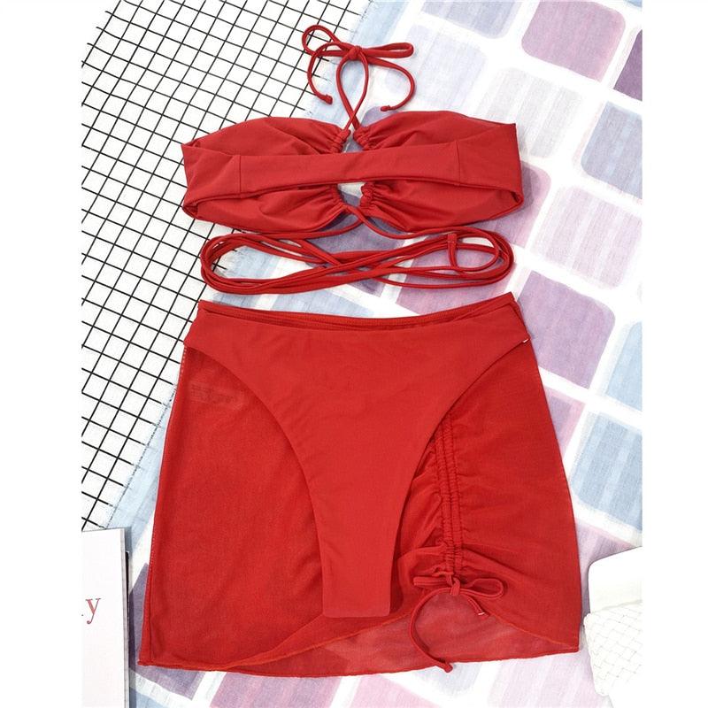 Halter Hollow Cross Bikinis Set Swimsuit Women's New Solid Two-Piece Swimwear Two Piece Swimsuit Halter Crisscross Cut Out Bikini Wrap Top with High Waist  Bottom Beach Swimwear Summer Beachwear Woman Bath Bathing Suit Stevvex