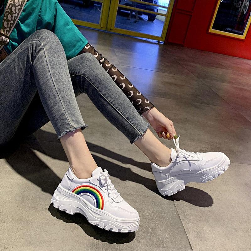 Casual Winter Women Thick Sneakers White Shoes Autumn Winter Fashion Platform Shoes Female Lace Up Rainbow Vulcanized Shoes Comfy Fashion Sneakers Breathable Athletic Casual Shoes Stevvex