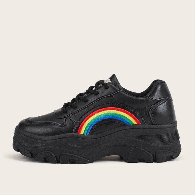 Casual Winter Women Thick Sneakers White Shoes Autumn Winter Fashion Platform Shoes Female Lace Up Rainbow Vulcanized Shoes Comfy Fashion Sneakers Breathable Athletic Casual Shoes Stevvex