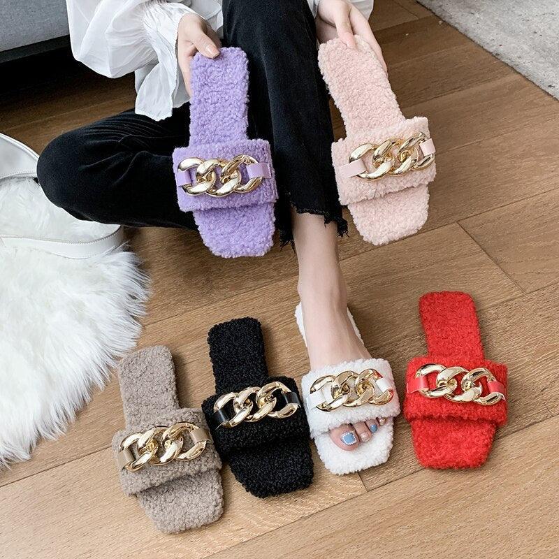 Women Summer Slipper Square Toe Chain Slippers Slip On Flat Slide Sandals Beach Flip Flops Casual Shoes Woman Heel Shoes Open Toe Slip On Dress Backless Heels Slides Slippers Stevvex