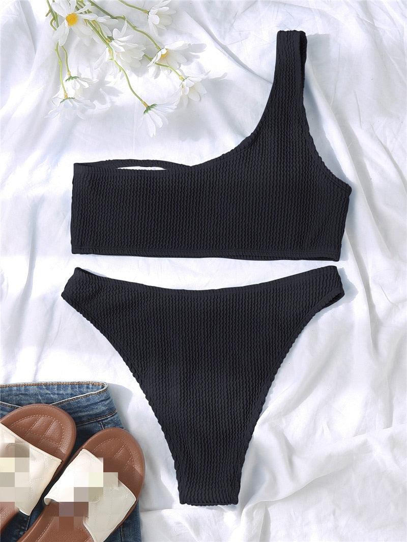 Women One-Shoulder Bikini Swimsuit Women Push Up Swimwear Women's Bathing Suit Comfortable Bikini Ribbed Two Piece Swimsuit Bikini Set Summer Bathing Suit Beach Wear Swimming Suit Stevvex