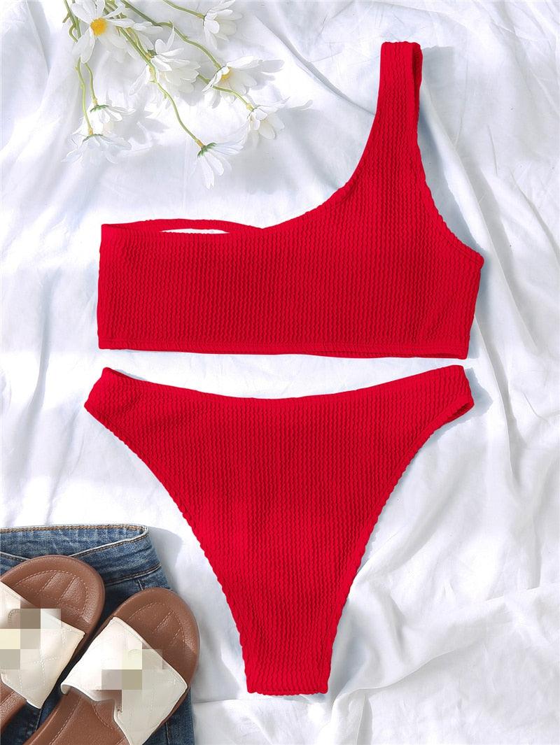 Women One-Shoulder Bikini Swimsuit Women Push Up Swimwear Women's Bathing Suit Comfortable Bikini Ribbed Two Piece Swimsuit Bikini Set Summer Bathing Suit Beach Wear Swimming Suit Stevvex