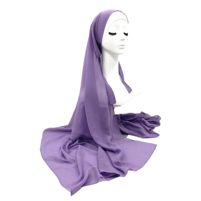 Plain Colorful Soft Lightweight Chiffon Elegant Hijab Scarf With Bandage Non-Slip Chiffon Echarpe Elegant Breathable Islam Long Hijabs Headband Fashion Turban Headwrap For Women Stevvex