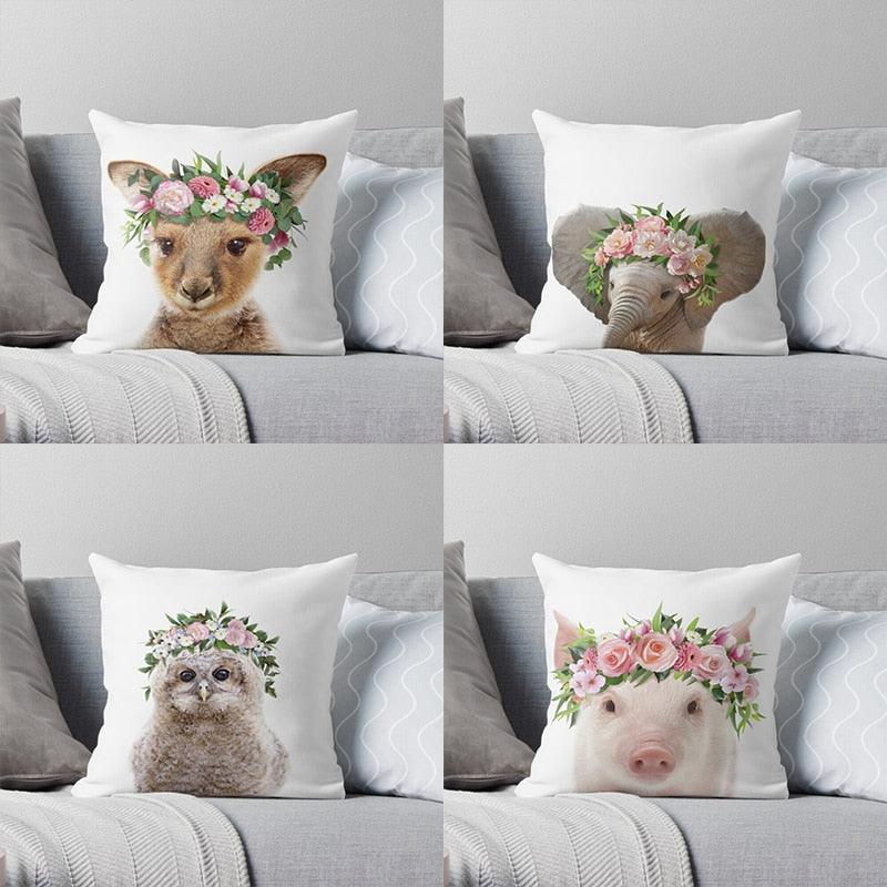 Cute Baby Animals Pattern Pillow Case Cotton Linen Cushion Cover for Home Sofa Pillow Covers, Cushion Covers Tiger Bunny Rabbit Horse Sheep Bear With Head Flowers Decorative Velvet Pillow Covers 45X45CM Stevvex
