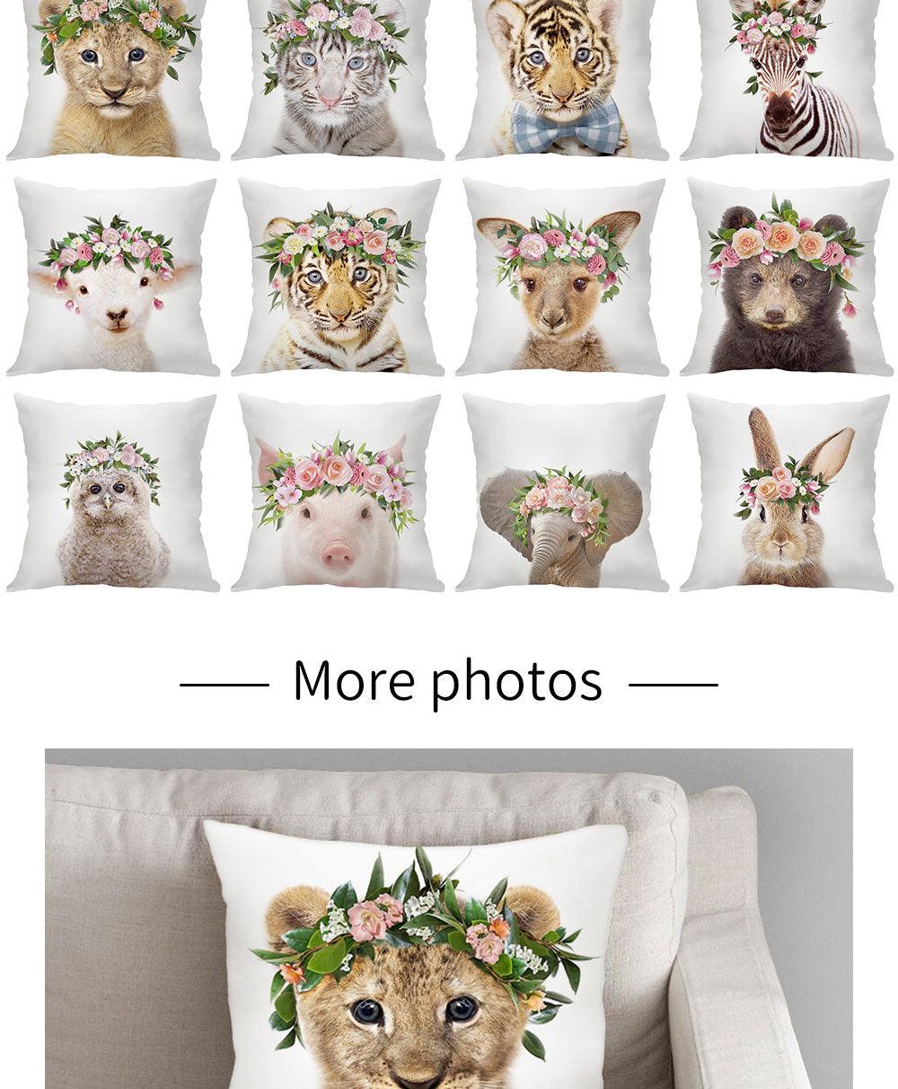 Cute Baby Animals Pattern Pillow Case Cotton Linen Cushion Cover for Home Sofa Pillow Covers, Cushion Covers Tiger Bunny Rabbit Horse Sheep Bear With Head Flowers Decorative Velvet Pillow Covers 45X45CM Stevvex