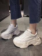 Women Platform Sneakers Leather Casual Ladies Chunky Shoes Woman High Black Fashion Thick Soled Sports Walking Shoes Lace Up Platform Leather Trainers Sneakers