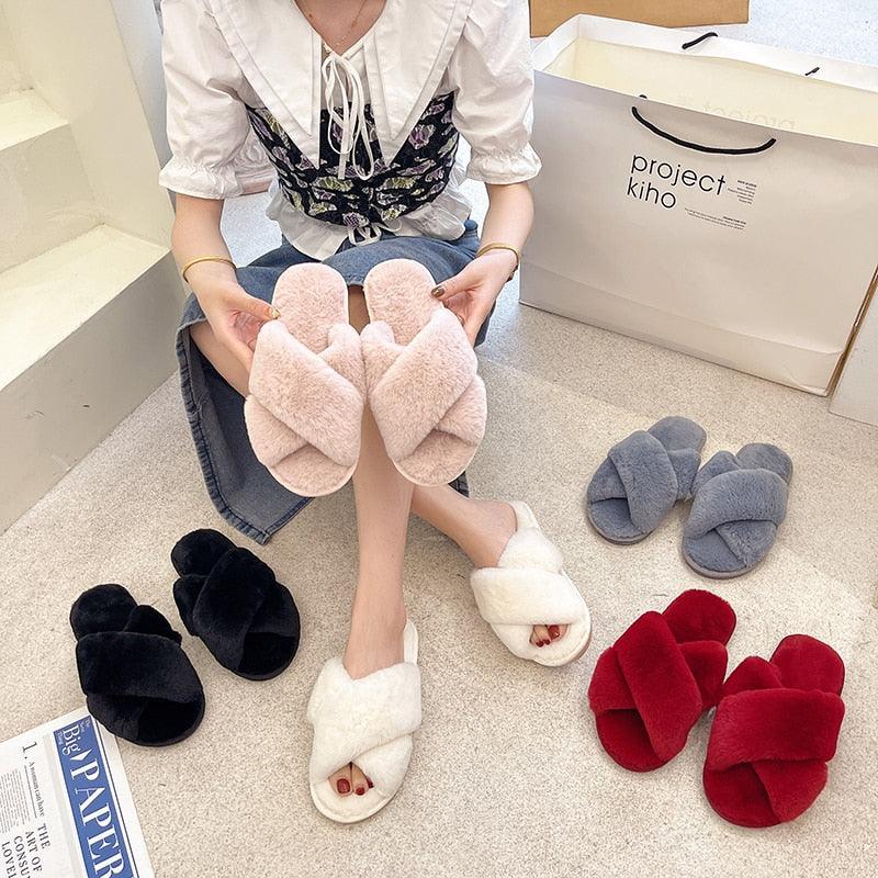 Fluffy Slippers Women Cozy Faux Fur Cross Indoor Floor Slides Flat Soft Furry Shoes Fluffy Furry Fur Slippers Flip Flop Open Toe Cozy House Memory Foam Sandals Slides Soft Flat Comfy Slippers Stevvex