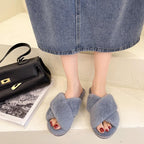 Fluffy Slippers Women Cozy Faux Fur Cross Indoor Floor Slides Flat Soft Furry Shoes Fluffy Furry Fur Slippers Flip Flop Open Toe Cozy House Memory Foam Sandals Slides Soft Flat Comfy Slippers Stevvex