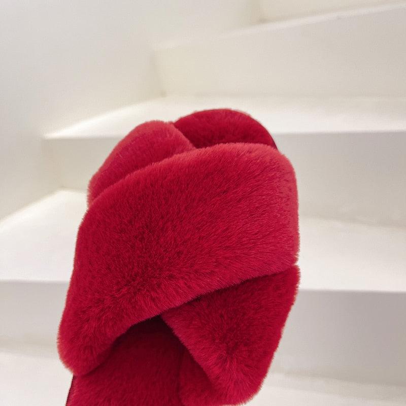 Fluffy Slippers Women Cozy Faux Fur Cross Indoor Floor Slides Flat Soft Furry Shoes Fluffy Furry Fur Slippers Flip Flop Open Toe Cozy House Memory Foam Sandals Slides Soft Flat Comfy Slippers Stevvex