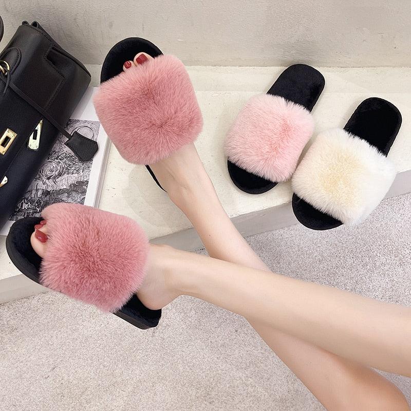 Fluffy Slippers Women Cozy Faux Fur Cross Indoor Floor Slides Flat Soft Furry Shoes Fluffy Furry Fur Slippers Flip Flop Open Toe Cozy House Memory Foam Sandals Slides Soft Flat Comfy Slippers Stevvex