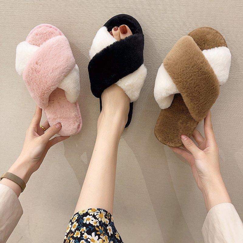 Fluffy Slippers Women Cozy Faux Fur Cross Indoor Floor Slides Flat Soft Furry Shoes Fluffy Furry Fur Slippers Flip Flop Open Toe Cozy House Memory Foam Sandals Slides Soft Flat Comfy Slippers Stevvex