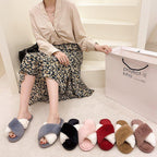 Fluffy Slippers Women Cozy Faux Fur Cross Indoor Floor Slides Flat Soft Furry Shoes Fluffy Furry Fur Slippers Flip Flop Open Toe Cozy House Memory Foam Sandals Slides Soft Flat Comfy Slippers Stevvex