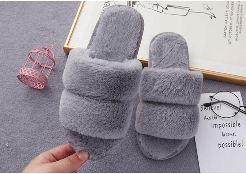 Fluffy Slippers Women Cozy Faux Fur Cross Indoor Floor Slides Flat Soft Furry Shoes Fluffy Furry Fur Slippers Flip Flop Open Toe Cozy House Memory Foam Sandals Slides Soft Flat Comfy Slippers Stevvex