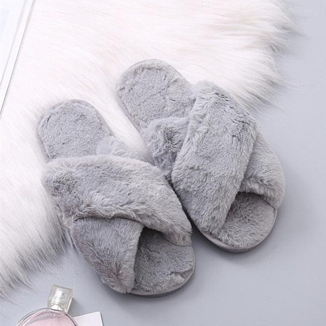 Fluffy Slippers Women Cozy Faux Fur Cross Indoor Floor Slides Flat Soft Furry Shoes Fluffy Furry Fur Slippers Flip Flop Open Toe Cozy House Memory Foam Sandals Slides Soft Flat Comfy Slippers Stevvex