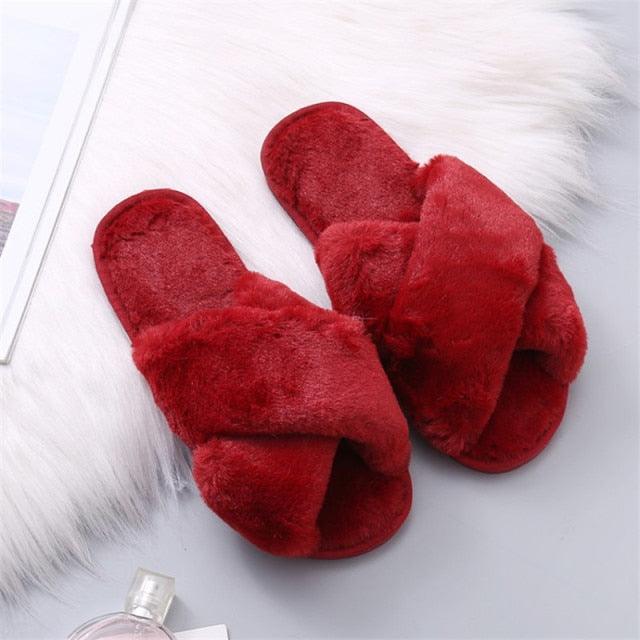 Fluffy Slippers Women Cozy Faux Fur Cross Indoor Floor Slides Flat Soft Furry Shoes Fluffy Furry Fur Slippers Flip Flop Open Toe Cozy House Memory Foam Sandals Slides Soft Flat Comfy Slippers Stevvex