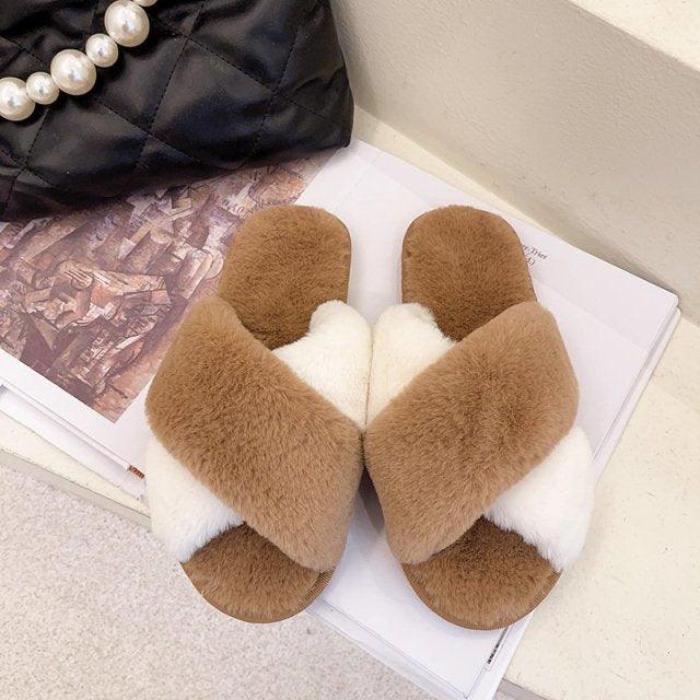 Fluffy Slippers Women Cozy Faux Fur Cross Indoor Floor Slides Flat Soft Furry Shoes Fluffy Furry Fur Slippers Flip Flop Open Toe Cozy House Memory Foam Sandals Slides Soft Flat Comfy Slippers Stevvex