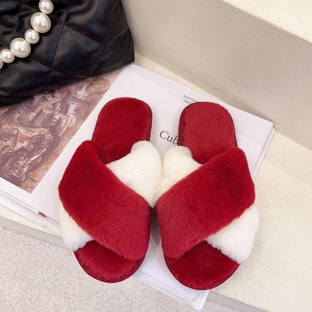 Fluffy Slippers Women Cozy Faux Fur Cross Indoor Floor Slides Flat Soft Furry Shoes Fluffy Furry Fur Slippers Flip Flop Open Toe Cozy House Memory Foam Sandals Slides Soft Flat Comfy Slippers Stevvex