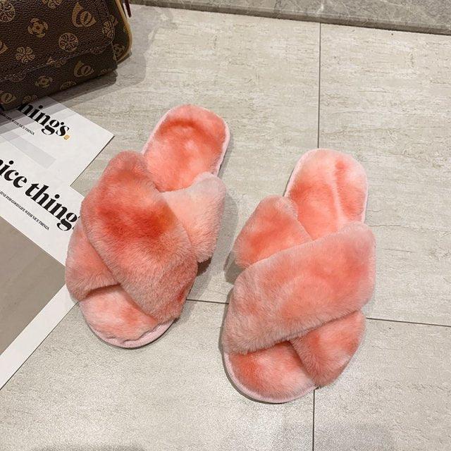 Fluffy Slippers Women Cozy Faux Fur Cross Indoor Floor Slides Flat Soft Furry Shoes Fluffy Furry Fur Slippers Flip Flop Open Toe Cozy House Memory Foam Sandals Slides Soft Flat Comfy Slippers Stevvex
