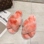 Fluffy Slippers Women Cozy Faux Fur Cross Indoor Floor Slides Flat Soft Furry Shoes Fluffy Furry Fur Slippers Flip Flop Open Toe Cozy House Memory Foam Sandals Slides Soft Flat Comfy Slippers Stevvex