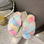 Fluffy Slippers Women Cozy Faux Fur Cross Indoor Floor Slides Flat Soft Furry Shoes Fluffy Furry Fur Slippers Flip Flop Open Toe Cozy House Memory Foam Sandals Slides Soft Flat Comfy Slippers Stevvex