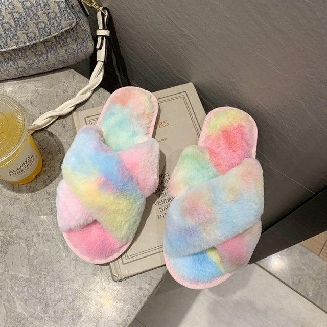 Fluffy Slippers Women Cozy Faux Fur Cross Indoor Floor Slides Flat Soft Furry Shoes Fluffy Furry Fur Slippers Flip Flop Open Toe Cozy House Memory Foam Sandals Slides Soft Flat Comfy Slippers Stevvex