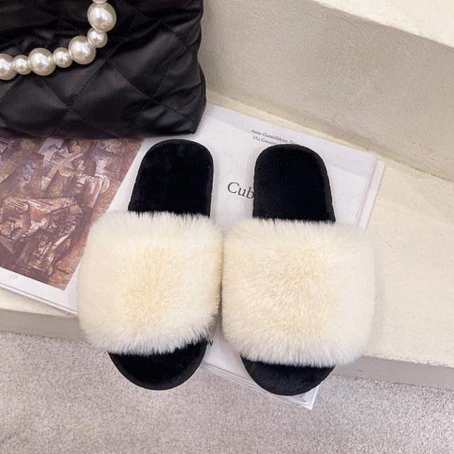 Fluffy Slippers Women Cozy Faux Fur Cross Indoor Floor Slides Flat Soft Furry Shoes Fluffy Furry Fur Slippers Flip Flop Open Toe Cozy House Memory Foam Sandals Slides Soft Flat Comfy Slippers Stevvex