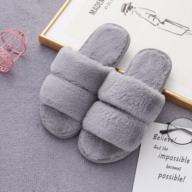 Fluffy Slippers Women Cozy Faux Fur Cross Indoor Floor Slides Flat Soft Furry Shoes Fluffy Furry Fur Slippers Flip Flop Open Toe Cozy House Memory Foam Sandals Slides Soft Flat Comfy Slippers Stevvex