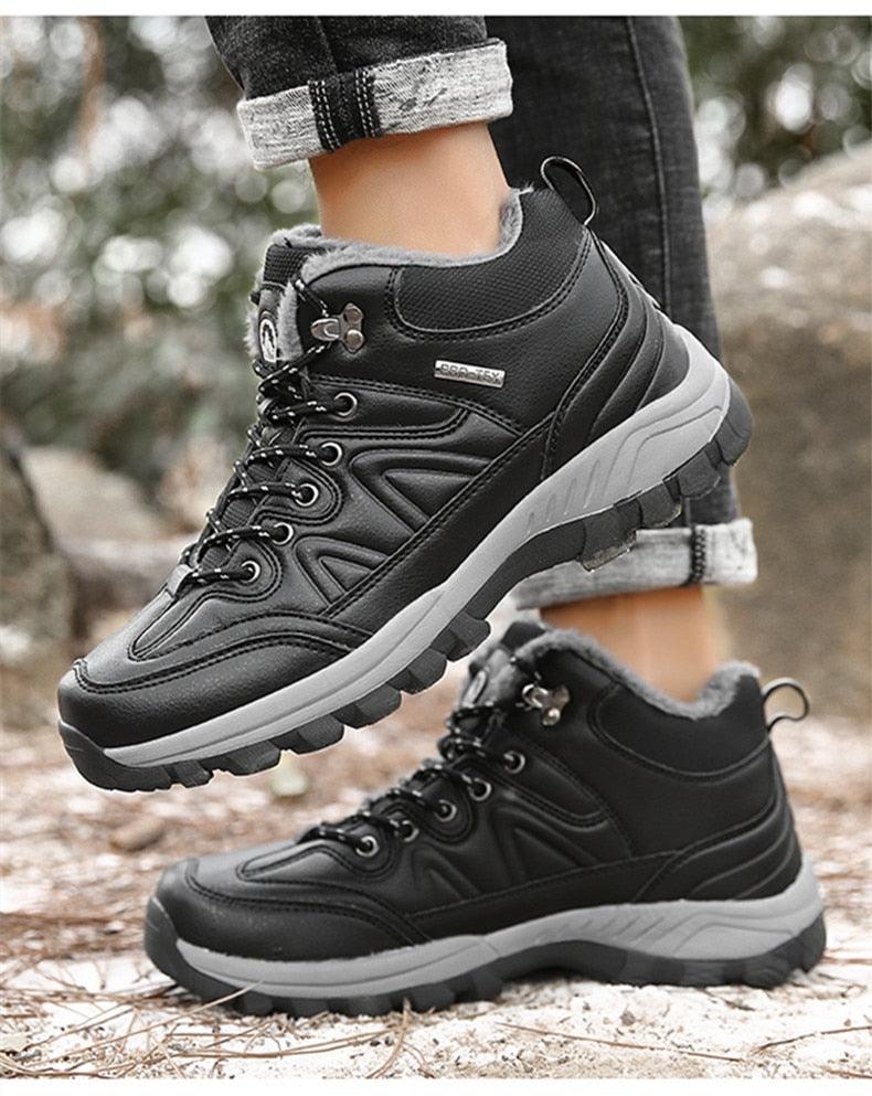 Winter Men's Boots Warm Snow Boots High Quality Leather Waterproof Outdoor Men Hiking Boots Waterproof Non-Slip Trail Fur Lined Ankle Boots Leather Winter Shoes Stevvex
