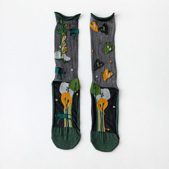 Fashion Women Socks New Spring Summer Mesh Thin Long Printed Socks Women Casual Breathable Fresh Flower Socks Korea Style Color Thin Socks For Women Stevvex