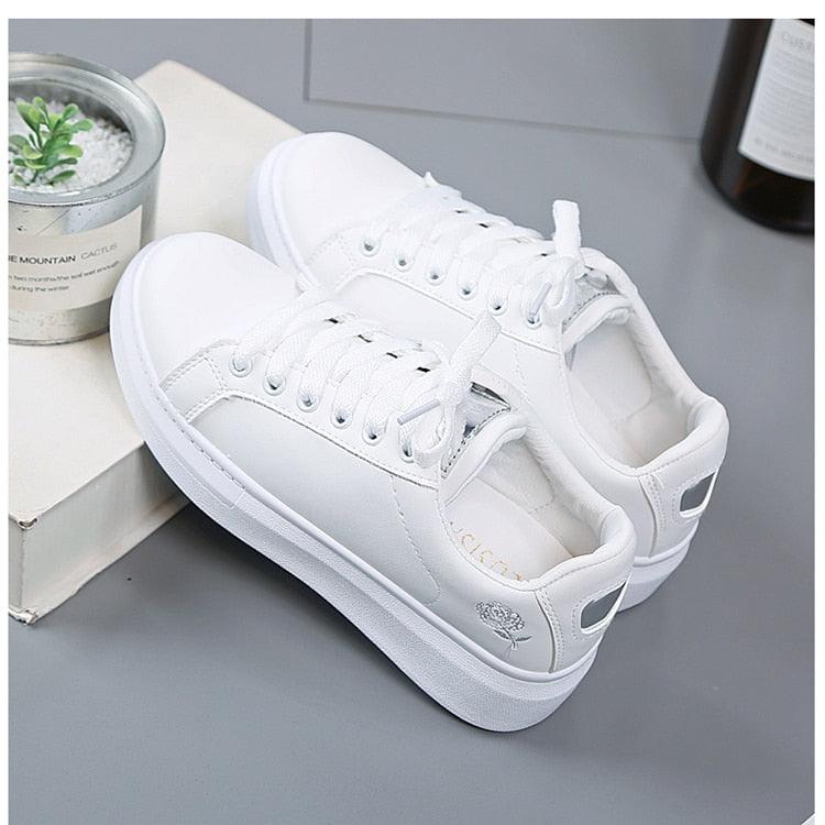 Women Casual New Spring Sneakers Fashion Embroidered White Sneakers Breathable Flower Lace-Up Leather Casual Sports Flat Low Top Sneaker Stevvex