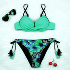 Halter Bikini Bandage Swimsuit Solid Swimwear Sport Liquid Metallic Shiny String Bikini 2 Piece Swimsuit Set Women Shiny Bikini Set Bathing Suit Push Up Two-piece Suit Stevvex