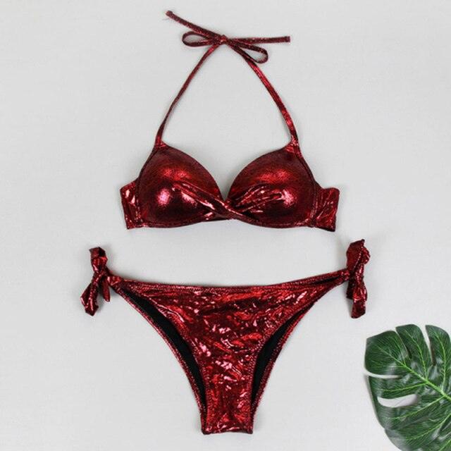 Halter Bikini Bandage Swimsuit Solid Swimwear Sport Liquid Metallic Shiny String Bikini 2 Piece Swimsuit Set Women Shiny Bikini Set Bathing Suit Push Up Two-piece Suit Stevvex
