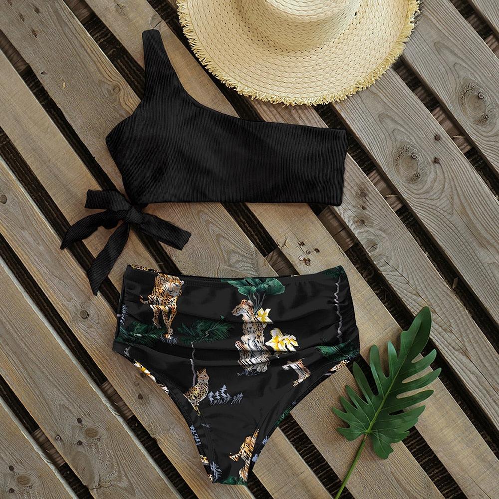 Bikinis Women New One Shoulder Swimwear High Waist Swimsuit Bandage Bathing Suits Beach Wear Female Lace Two Piece Swim Dress with Bikini Bottom Bathing Suits Stevvex