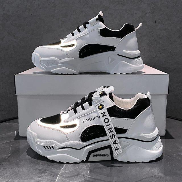 Fashion Spring Reflective Women Sneakers Lace Up Chunky Sneakers Mixed Color Women's Lightweight Casual Everyday Walking Fashion Chunky Sneakers Stevvex