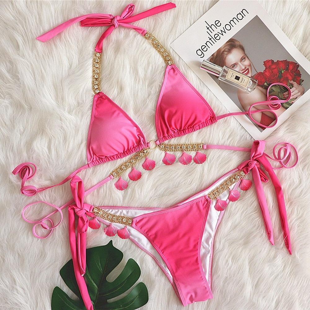 Luxury Diamond Bikini Halter Push Up Swimwear Women's Beach Bikini Crystal Side Bottom Triangle Bikini Halter Swimsuits Women Swimsuit Female Strappy Bikini Set Summer Party Bathing Suit Beachwear Stevvex