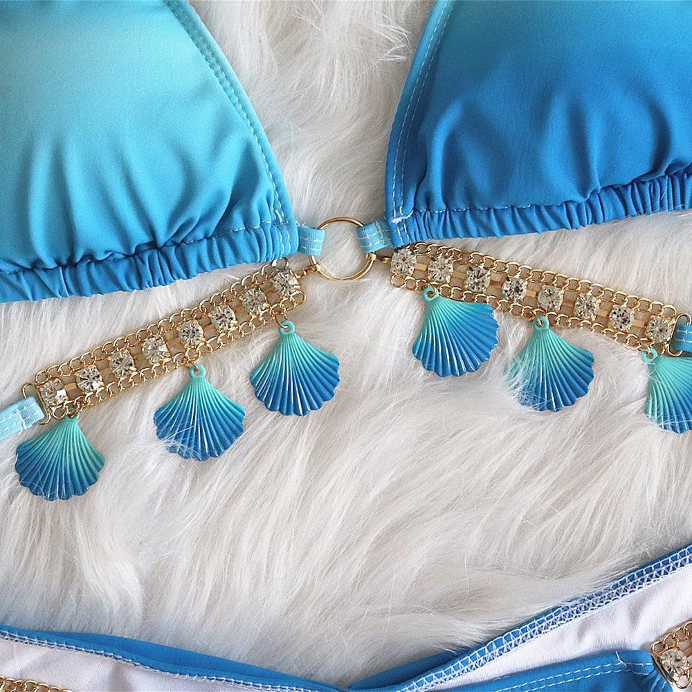 Luxury Diamond Bikini Halter Push Up Swimwear Women's Beach Bikini Crystal Side Bottom Triangle Bikini Halter Swimsuits Women Swimsuit Female Strappy Bikini Set Summer Party Bathing Suit Beachwear Stevvex