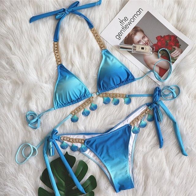 Luxury Diamond Bikini Halter Push Up Swimwear Women's Beach Bikini Crystal Side Bottom Triangle Bikini Halter Swimsuits Women Swimsuit Female Strappy Bikini Set Summer Party Bathing Suit Beachwear Stevvex