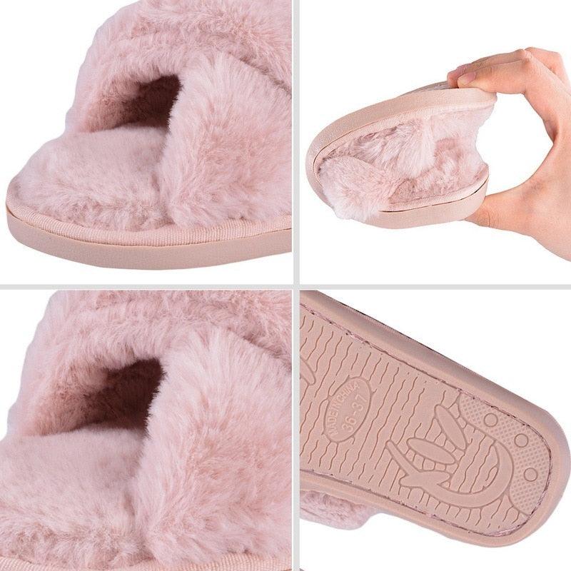 Warm Fluffy Slippers Women Faux Fur Slipper Indoor Floor Slides Flat Soft Furry House Warm Comfortable Fuzzy Furry Bedroom Slippers Indoor Cozy Memory Foam Anti-Slip Flip Flops Stevvex