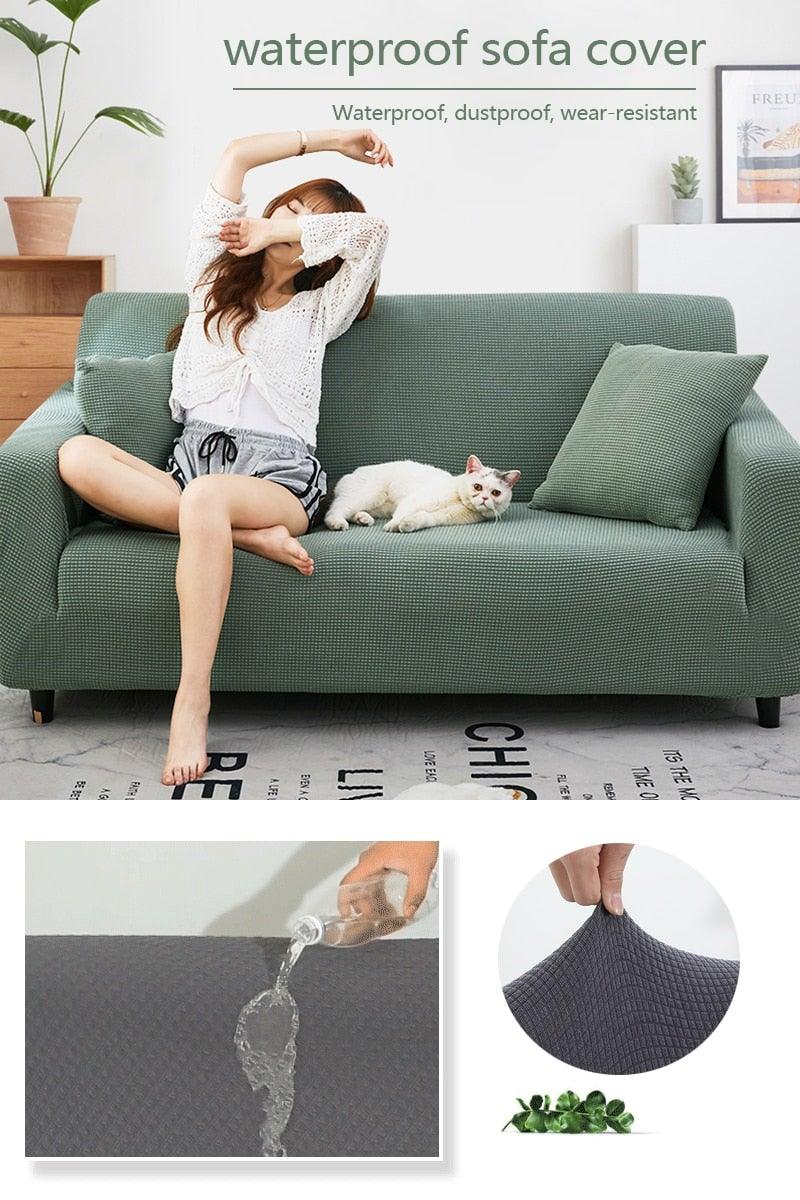 Elastic Waterproof Sofa Cover Plain Color Stretch Sofa Covers for Living Room Slipcover Couch Cover Furniture Protector Sofa Covers Non Slip Sofa Slipcovers with Elastic Hem Living Room Furniture Protector Stevvex