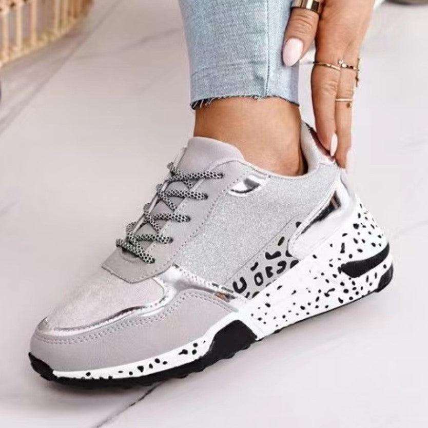 Women Sneakers Leopard Print Lace-Up Women's Vulcanize Shoes Sports Sneakers Breathable Height Increasing Walking Jogging Sneakers Gold Silver Sport Running Women's Sneakers Stevvex