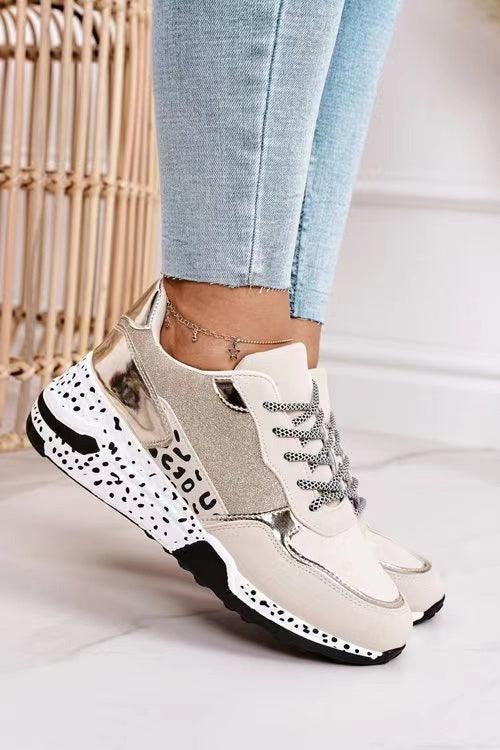 Women Sneakers Leopard Print Lace-Up Women's Vulcanize Shoes Sports Sneakers Breathable Height Increasing Walking Jogging Sneakers Gold Silver Sport Running Women's Sneakers Stevvex