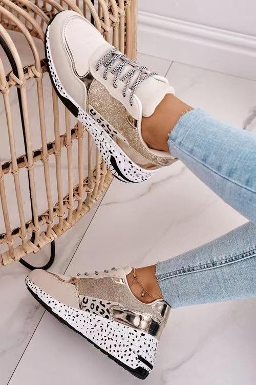 Women Sneakers Leopard Print Lace-Up Women's Vulcanize Shoes Sports Sneakers Breathable Height Increasing Walking Jogging Sneakers Gold Silver Sport Running Women's Sneakers Stevvex