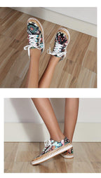 New Popular Womens Shoes Colorful Beautiful Flower Printing Shoes Lace-up Flat Women's Casual Womens Sneakers High-Quality Women's White Sports Casual Couple Shoes Summer Trainers Walking Sneakers Stevvex