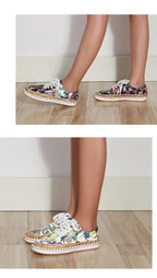 New Popular Womens Shoes Colorful Beautiful Flower Printing Shoes Lace-up Flat Women's Casual Womens Sneakers High-Quality Women's White Sports Casual Couple Shoes Summer Trainers Walking Sneakers Stevvex